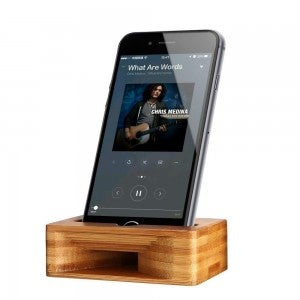 product image of bamboo amplifying dock holding a black iphone