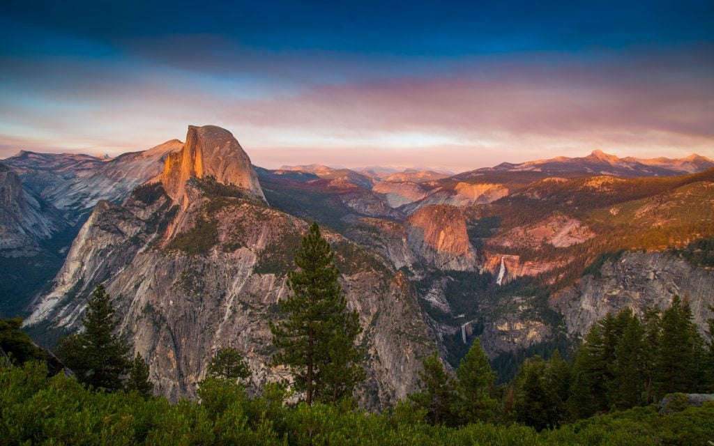 Landscape shot of Yosemite National Park at golden hour.