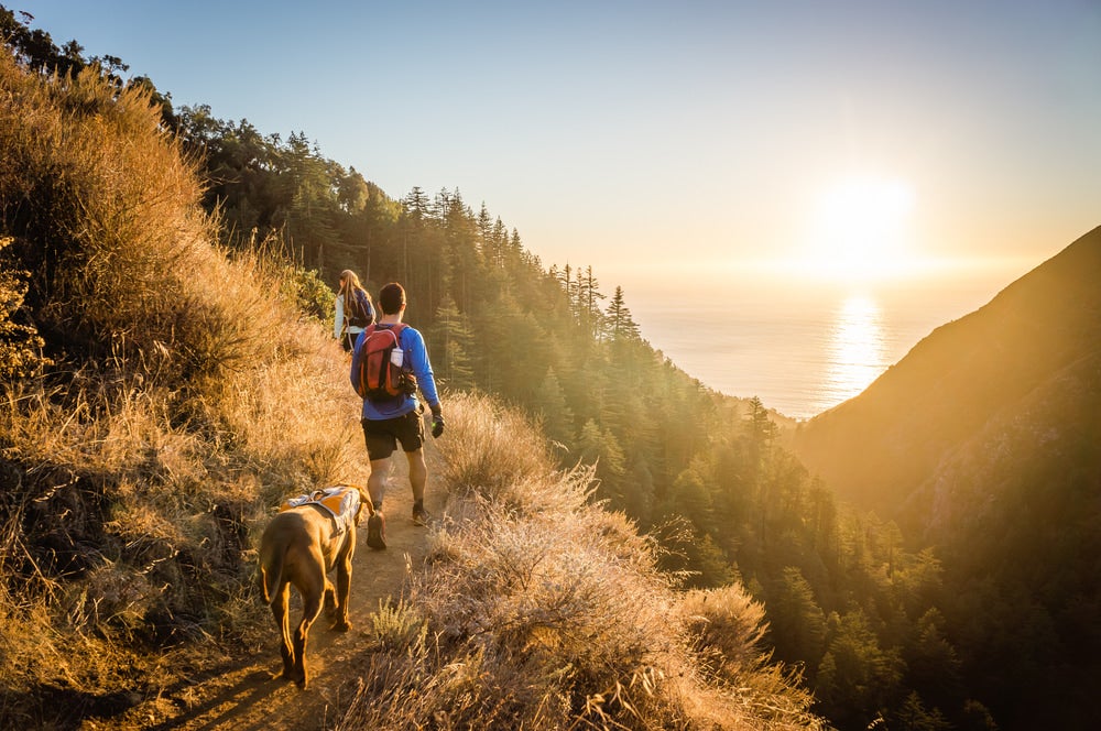 two people and a dog hiking