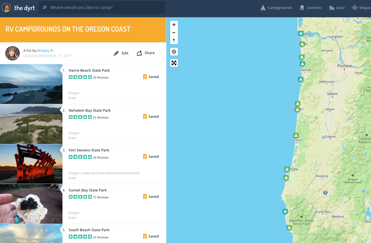 list and map of RV campgrounds on the Oregon Coast 