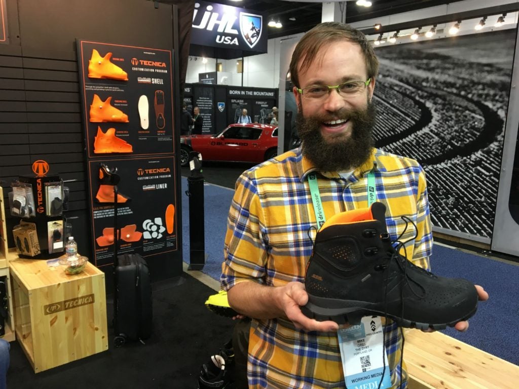 Mike posing with the Tecnica model at Outdoor Retailer.