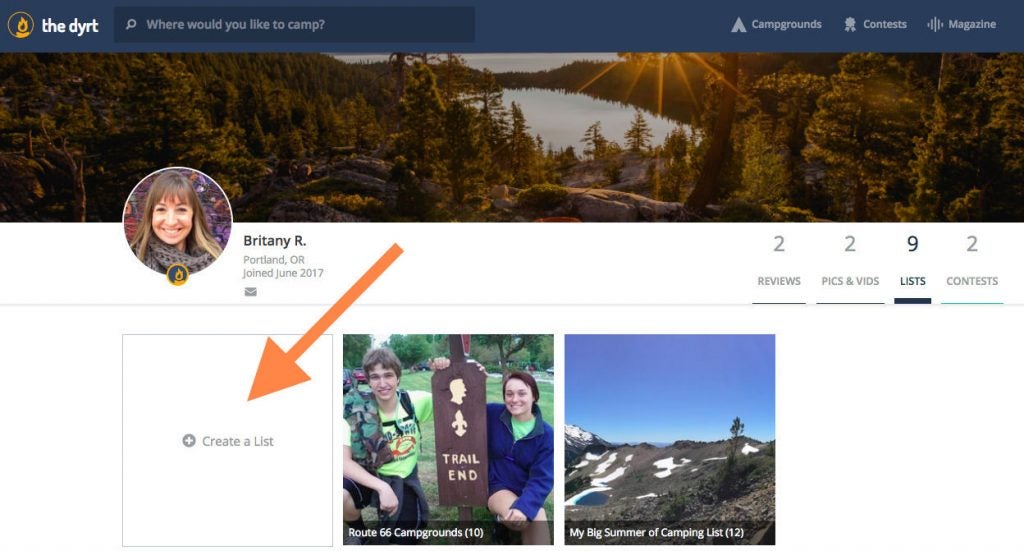 Britany is ready to add a new list of campgrounds to her profile.