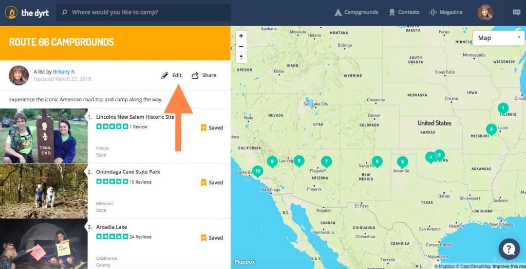 Edit your list of campgrounds to add context or tips!