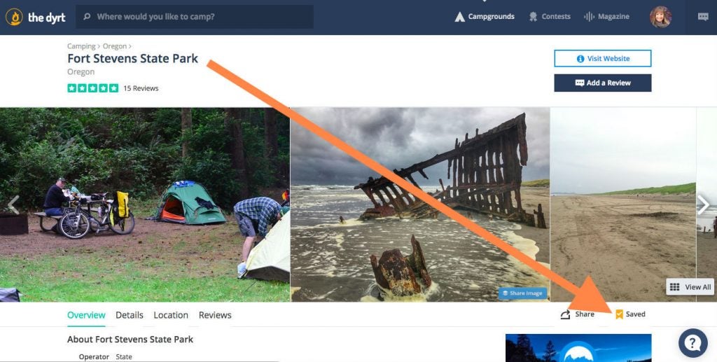 Step 3: Save your favorite spot to your list of campgrounds.
