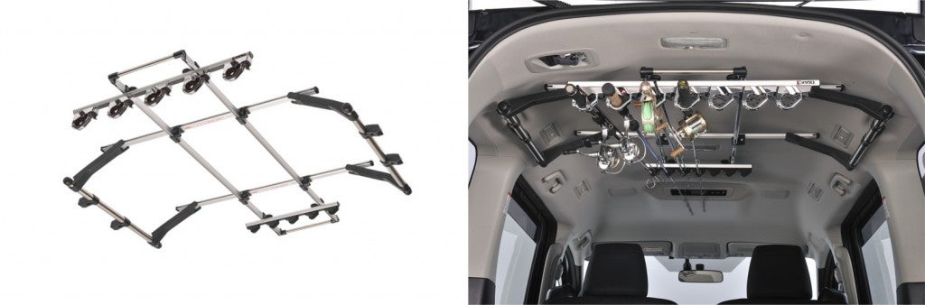 (left) product image of interior fly rod holder (right) rod holder installed in suv