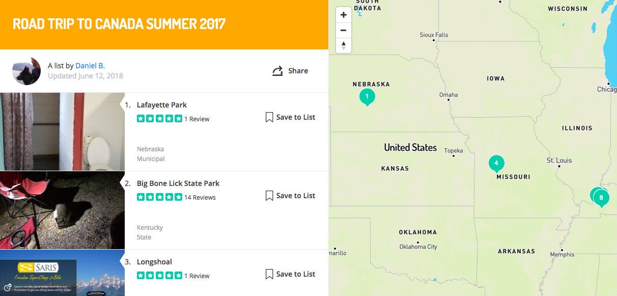 daniel's saved campground list on the dyrt