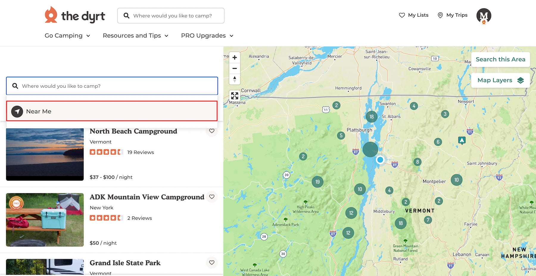 Near me function on The Dyrt camping search to find local campsites for fall camping with kids.