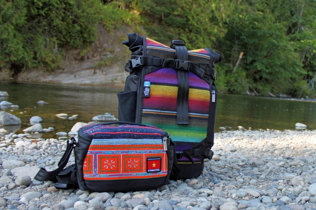 stylish camera bag from ethnotek on a riverbank