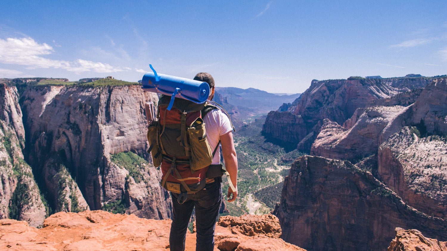 a backpacker overlooks the zion national park canyon