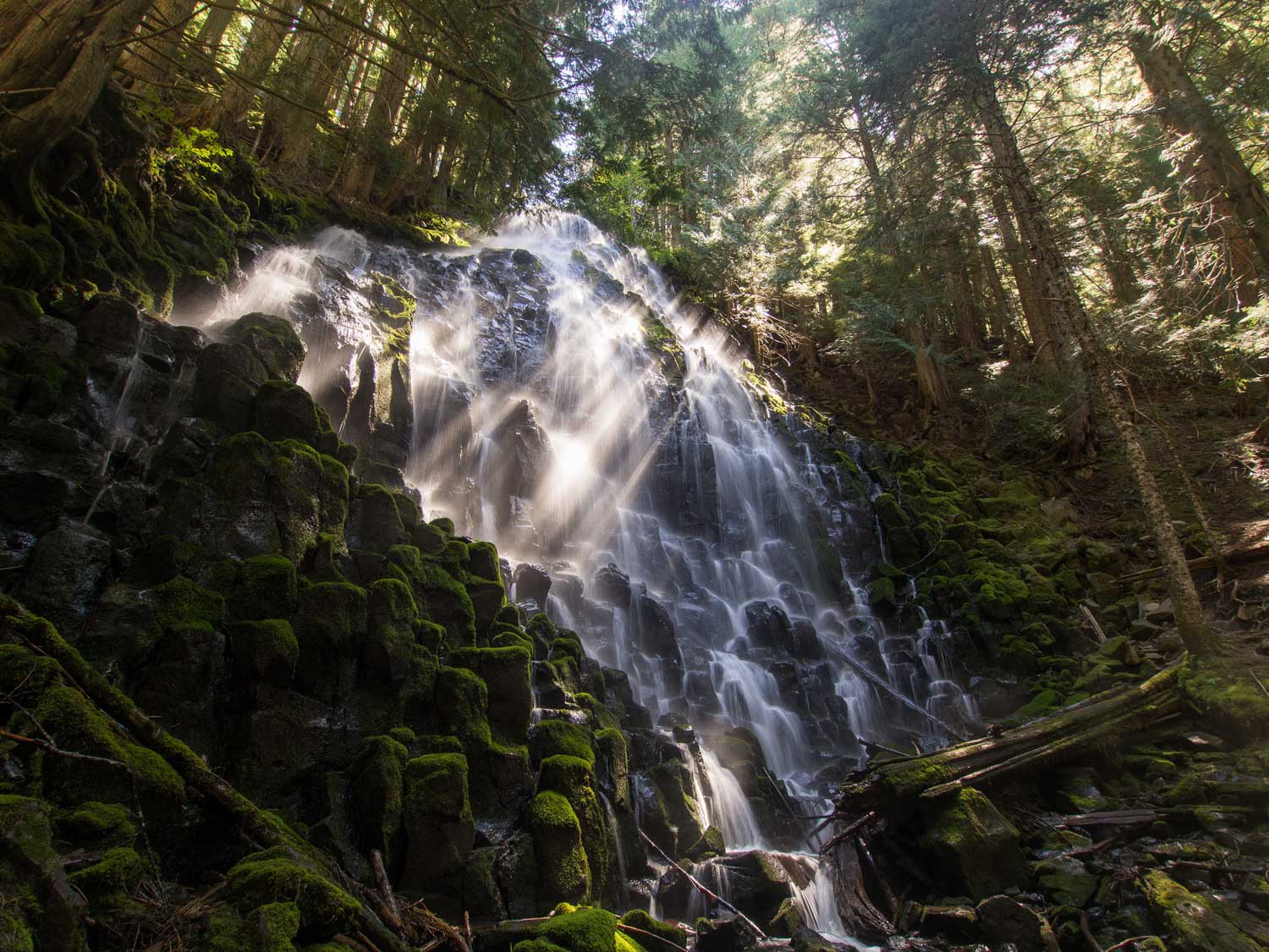 ramona falls cascading down rocks in Oregon's Mt. Hood National Forest