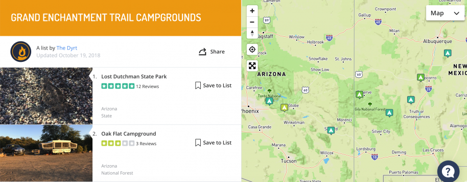 campgrounds along the grand enchantment trail, mapped