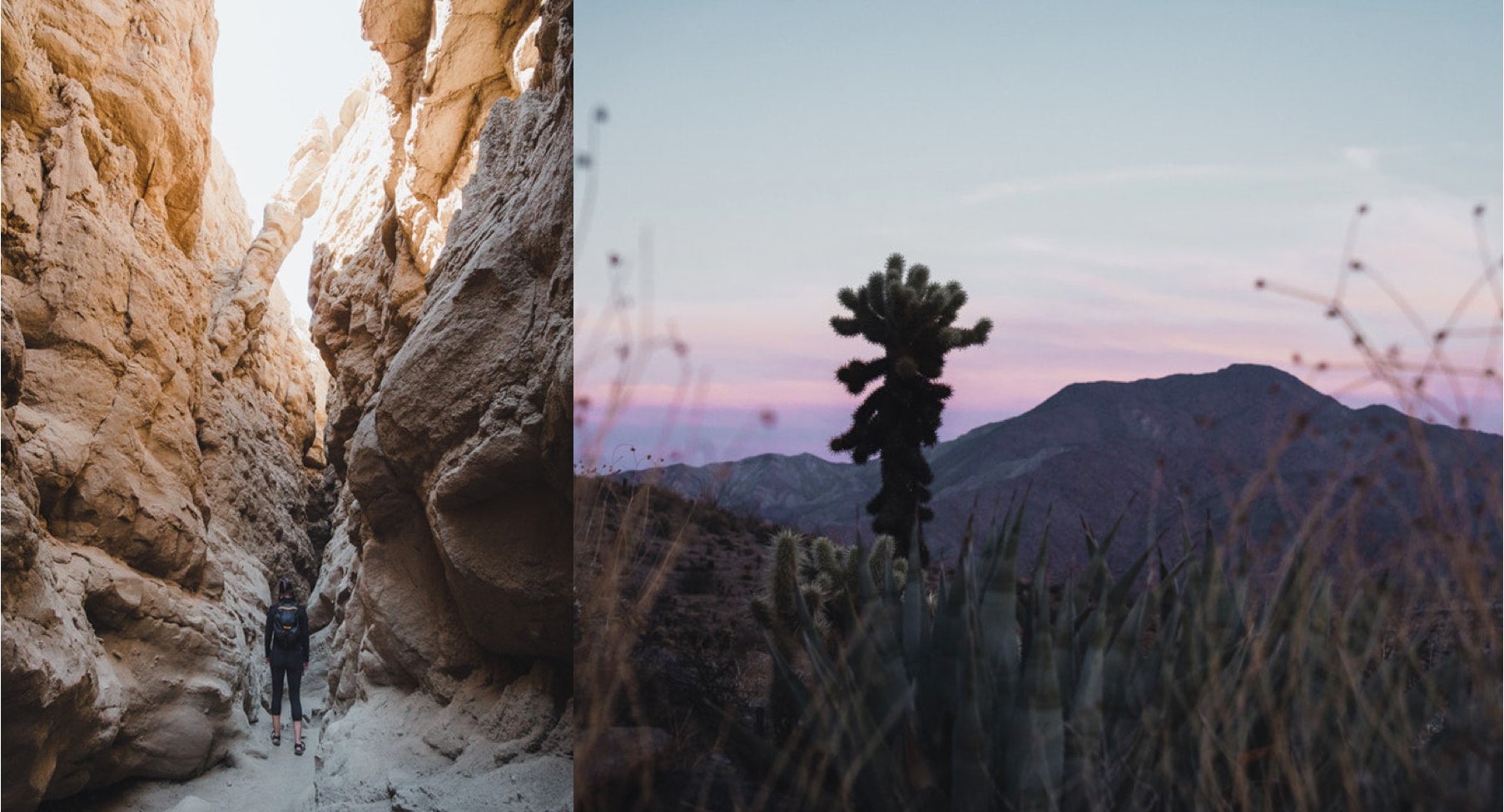 a split image of a woman in a slot canyon and a sunset in the desert