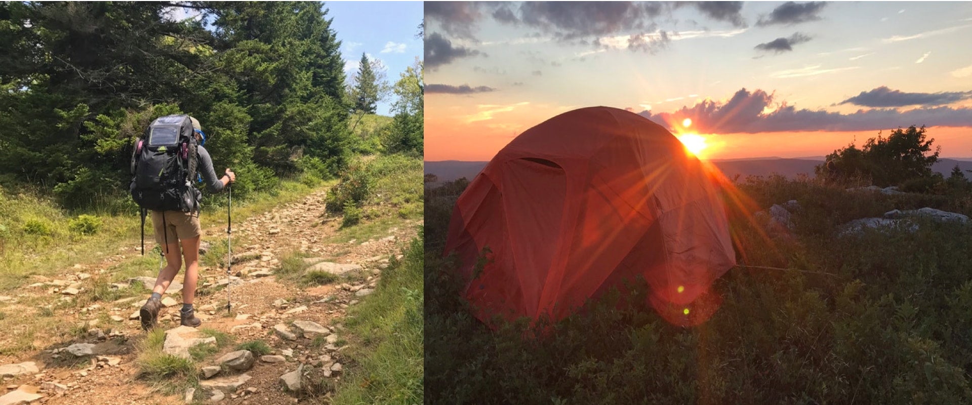 a split image of a woman hiking and a tent at dusk in Dolly Sods