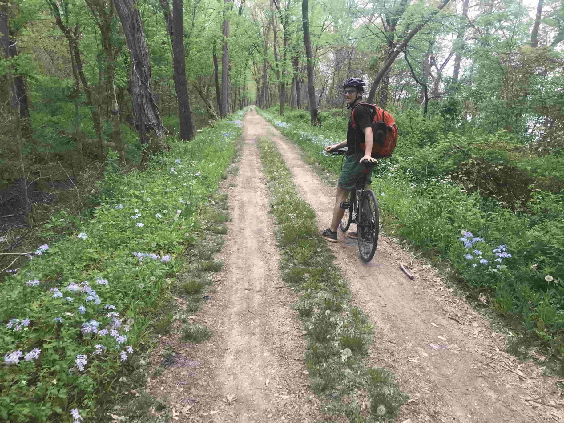 cyclist stops along the well traveled c&o canal towpath