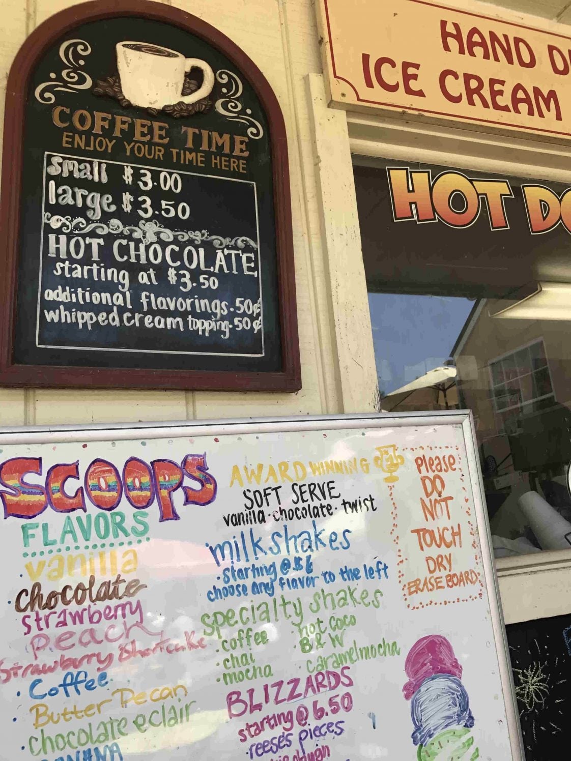 ice cream and coffee menus at a harpers ferry sweet shop