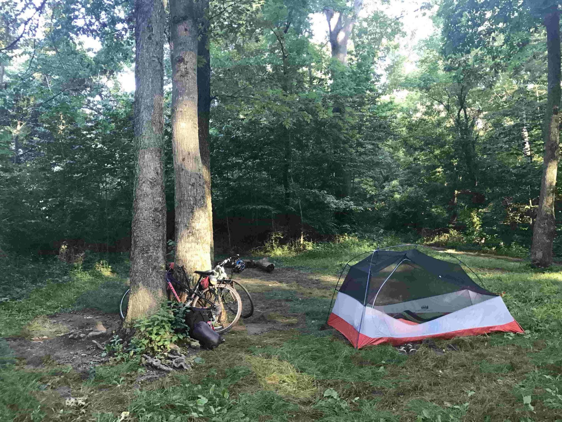 dispersed campsite from cyclists along the c&o canal towpath