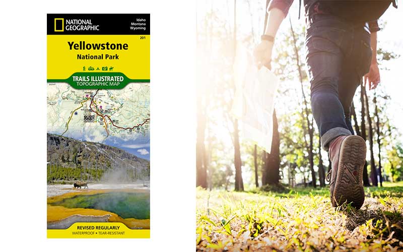 photo of yellowstone map next to hiker holding a map of his own