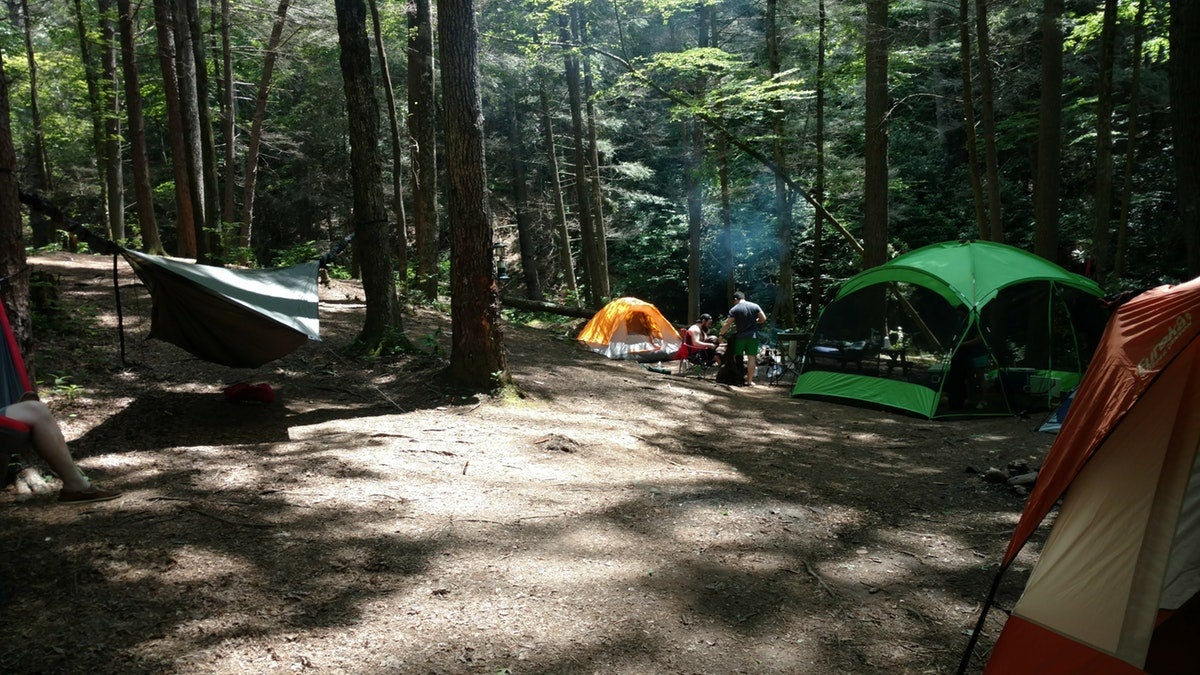 orange and green tents adorn a campsite setup at raven cliff falls campground