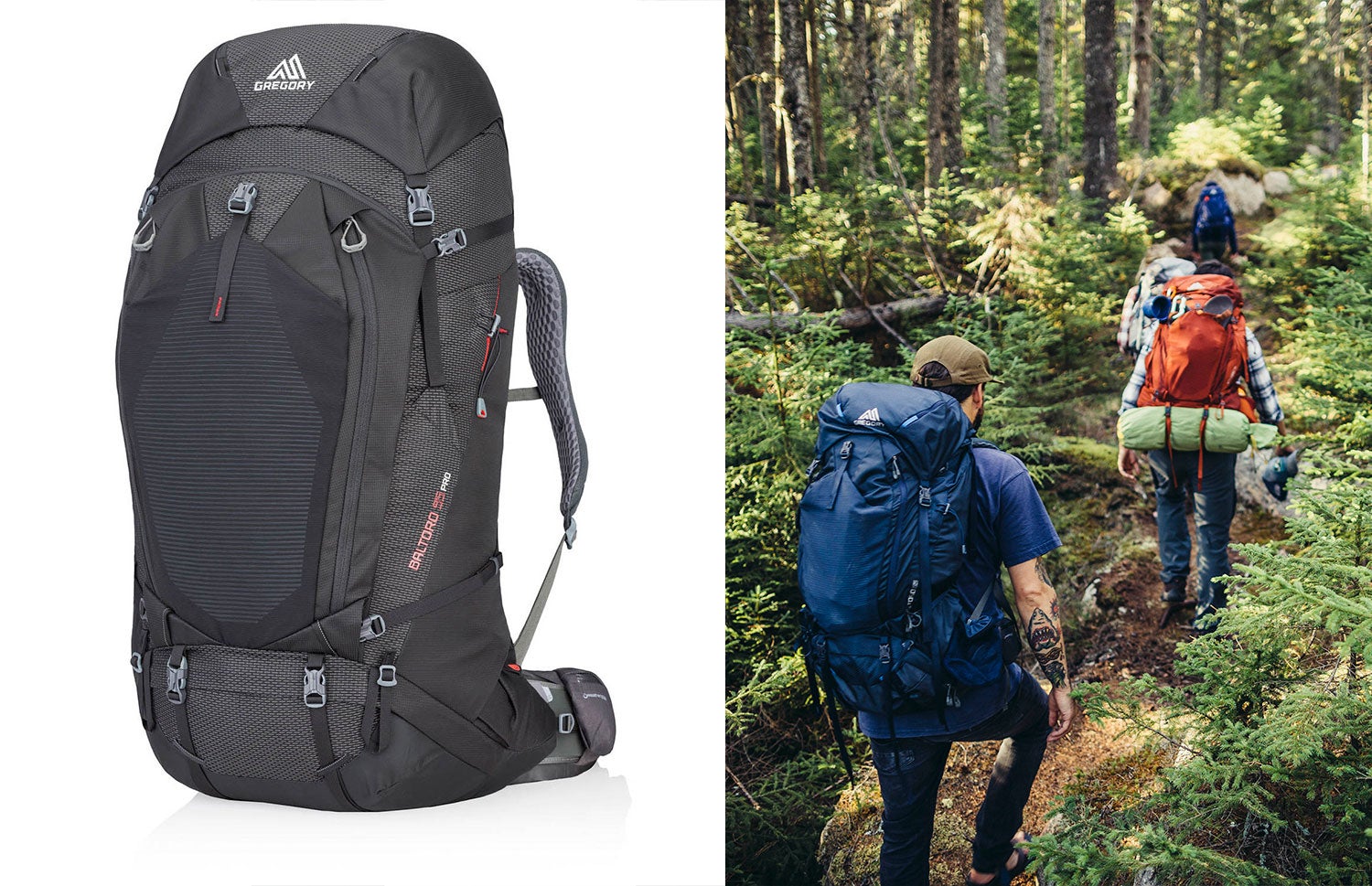 black gregory pack next to image of two hikers on a forest trail