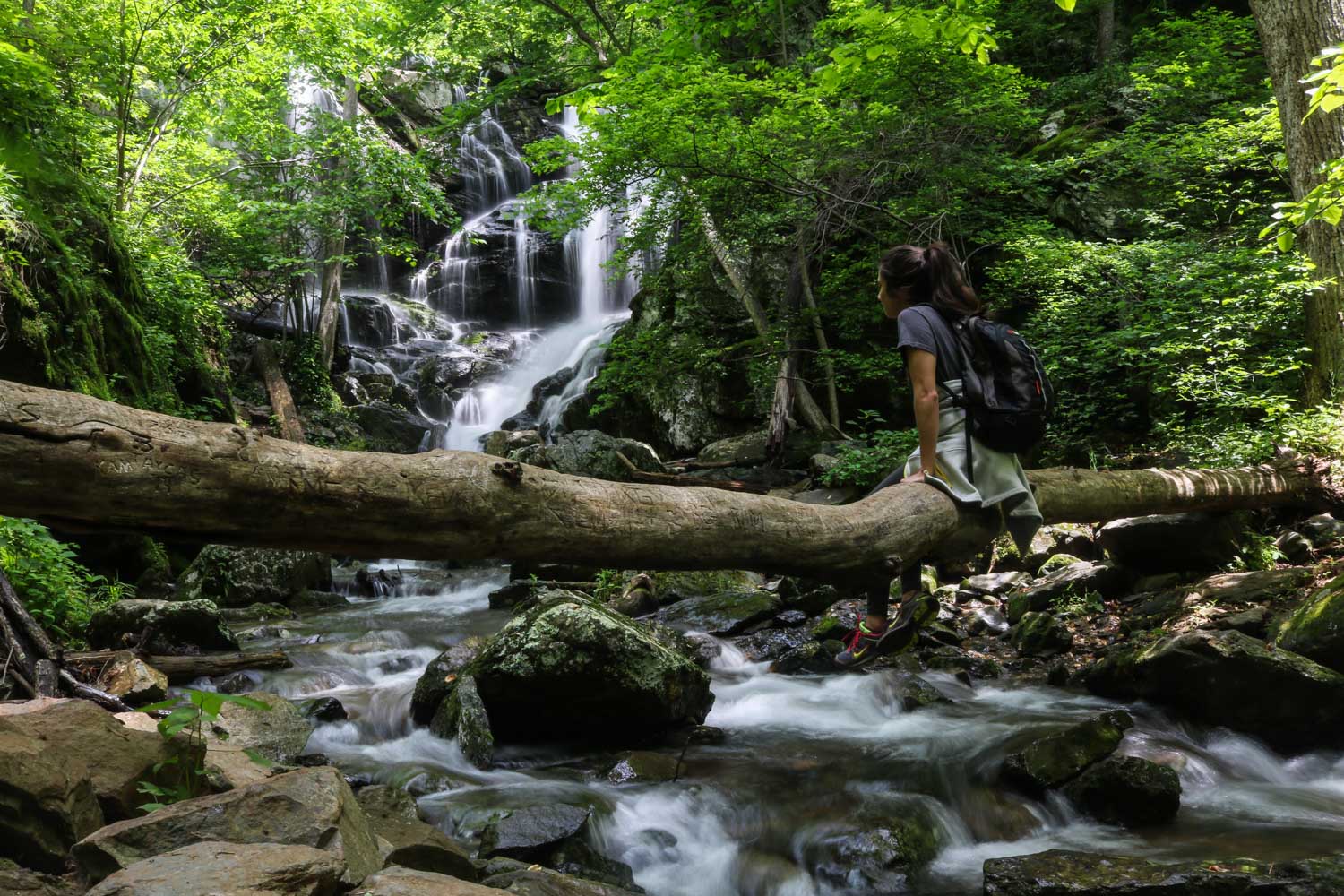 female hiker rests on fallen tree overlooking a running, rocky waterfall