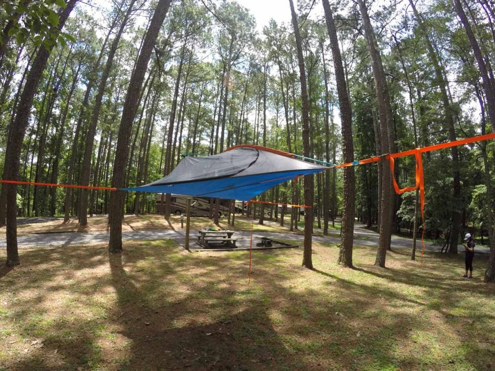 hammock tent suspended above Red Top Mountain State Park campsite