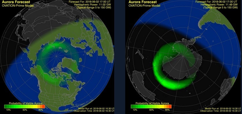 digital rendering of aurora forecast over the north american continent