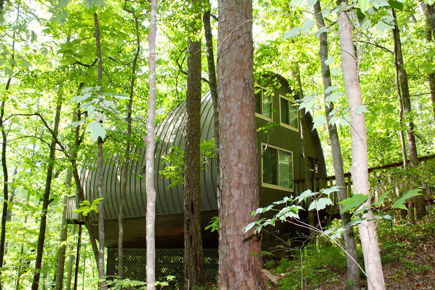 A Unicoi State Park barrel cabin sits in the shaded forest next to Unicoi Lake