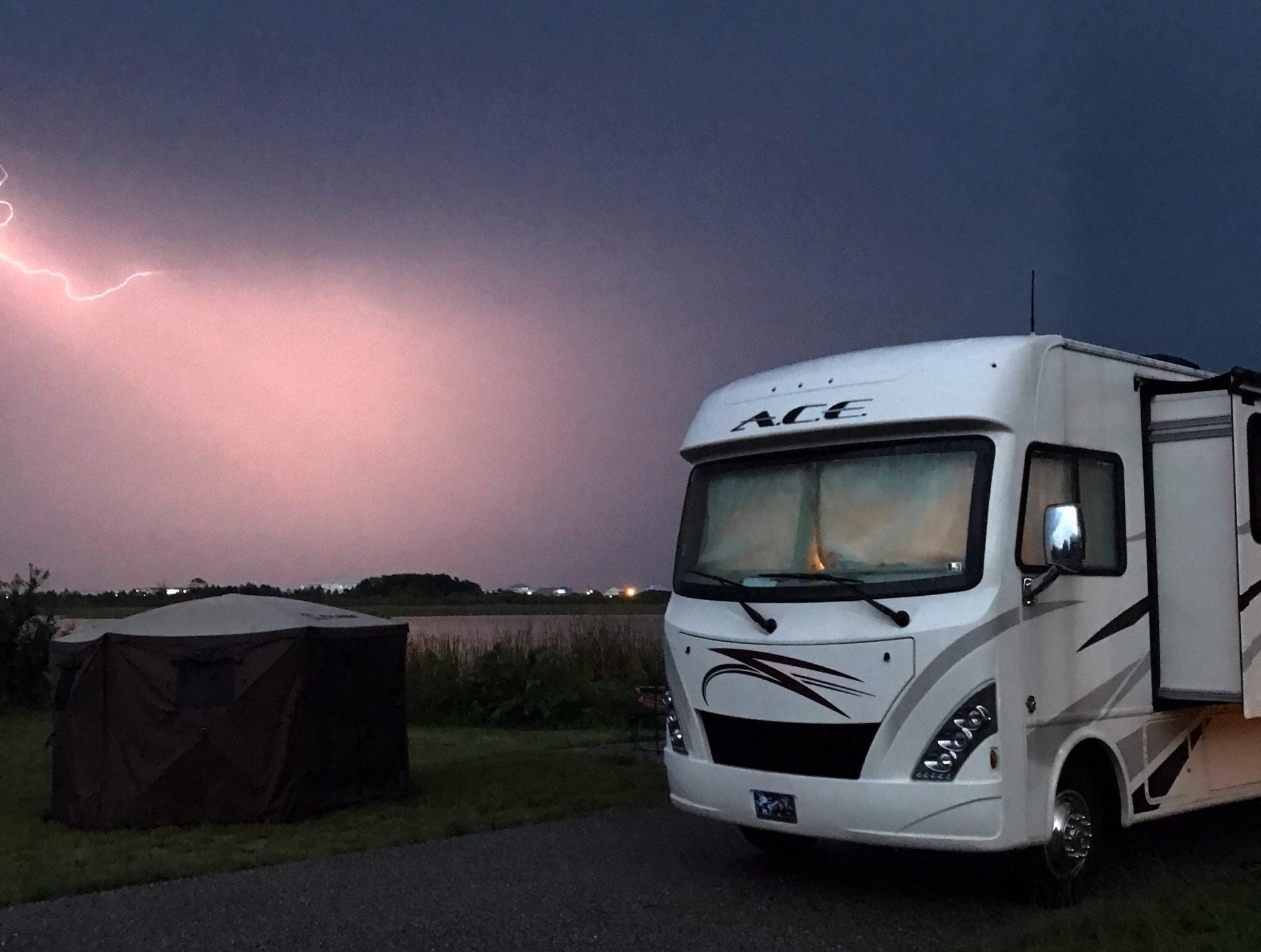 large ACE RV in a lighting storm