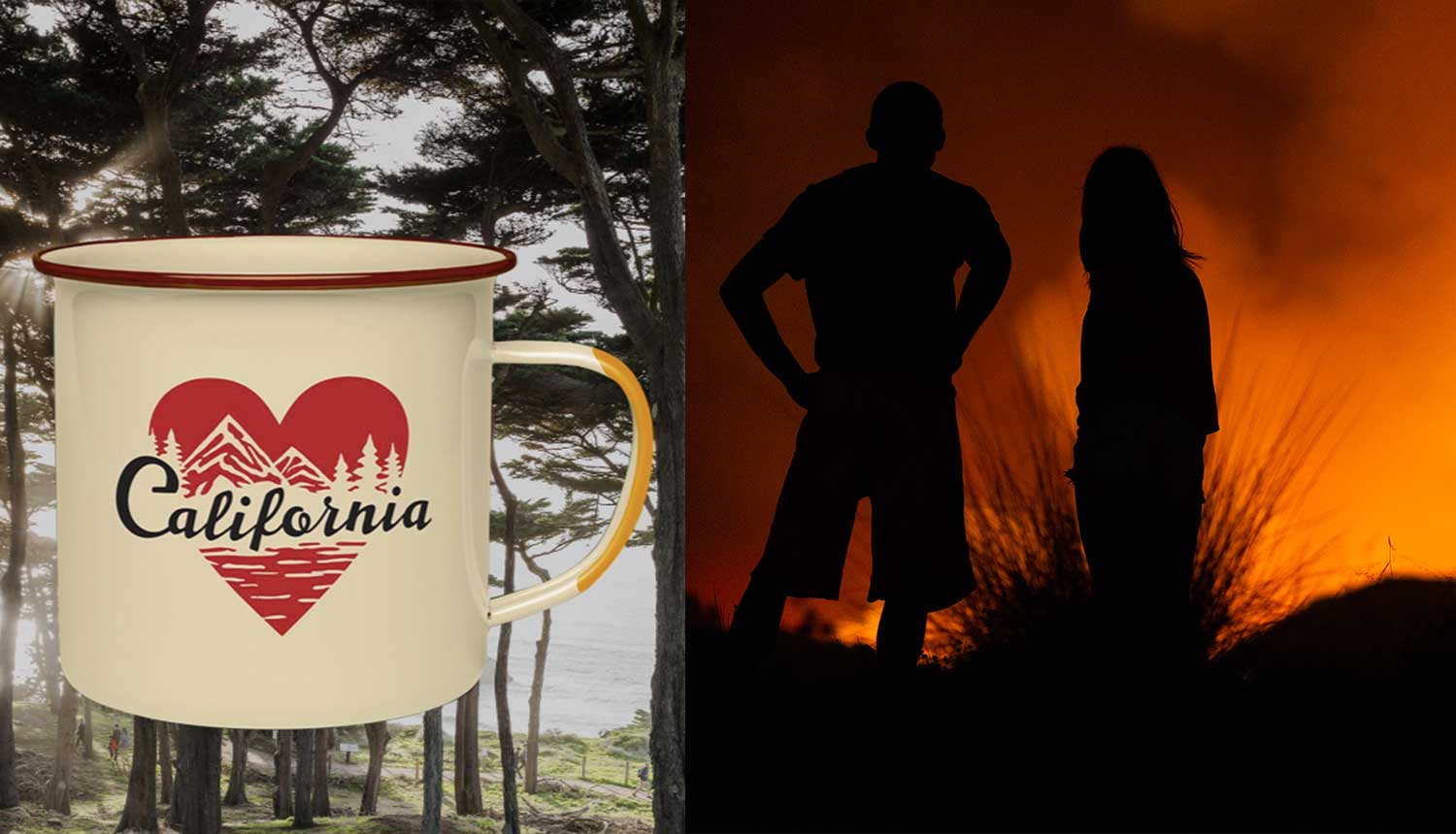 image of united by blue's california mug beside forest fire image