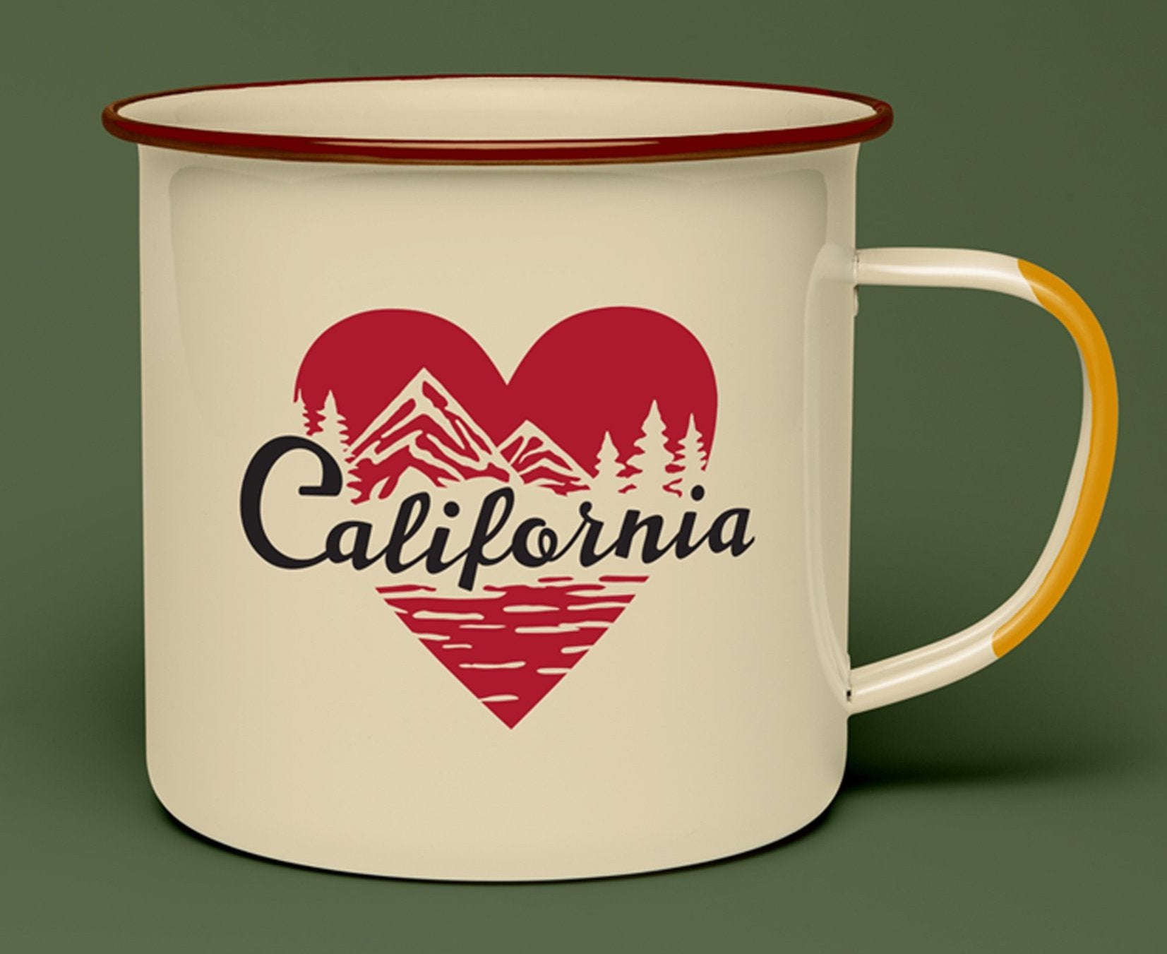 United by Blue's California mug is a tan, steel mug with red heart