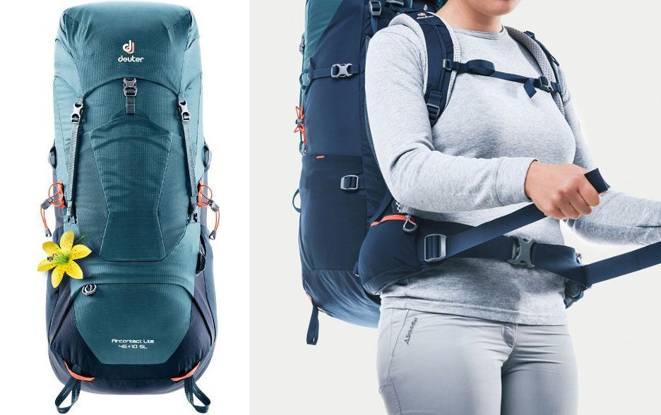 blue deuter backpack, woman demonstrating hip straps