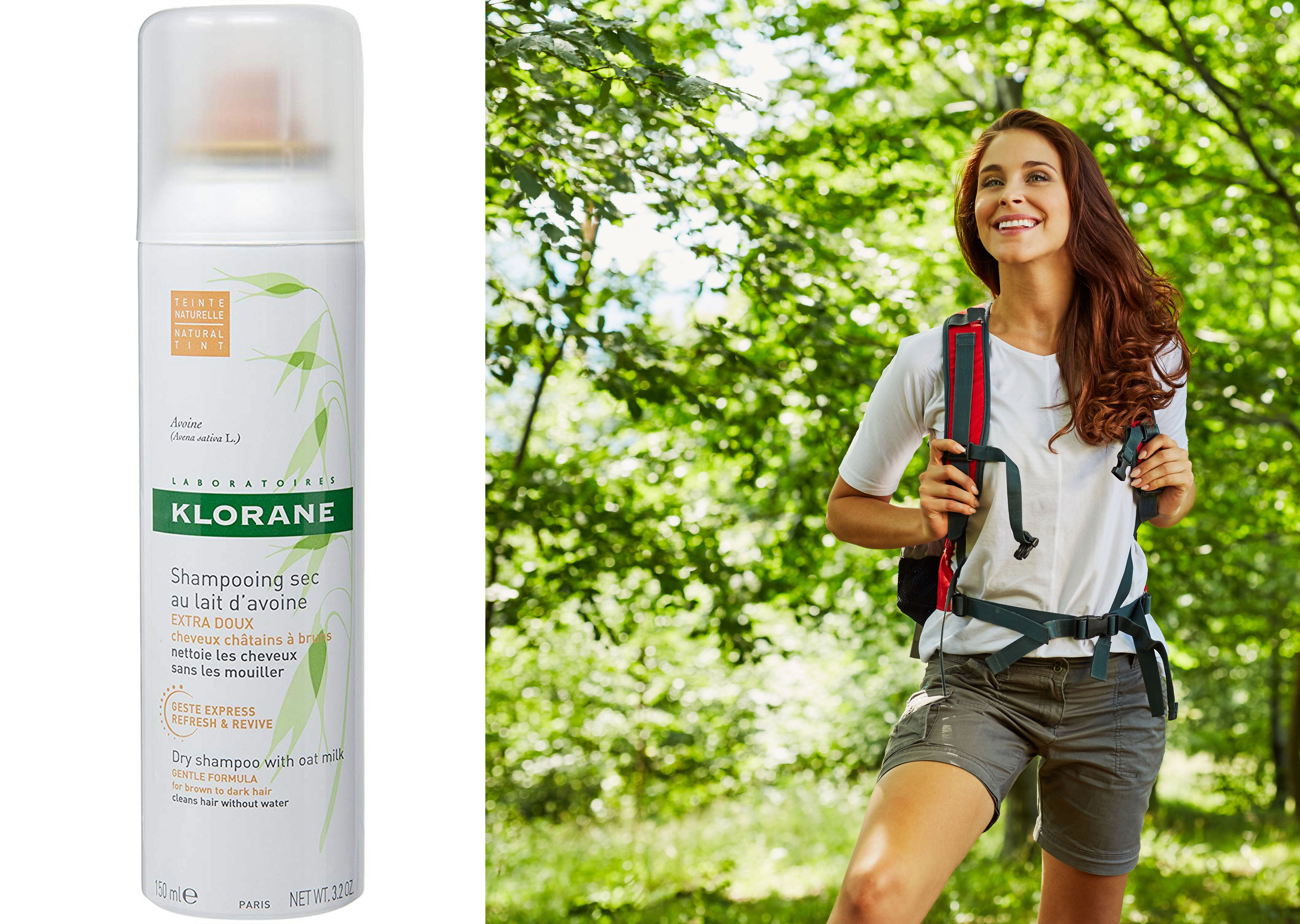 dry shampoo bottle beside woman hiker with voluminous hair outdoors