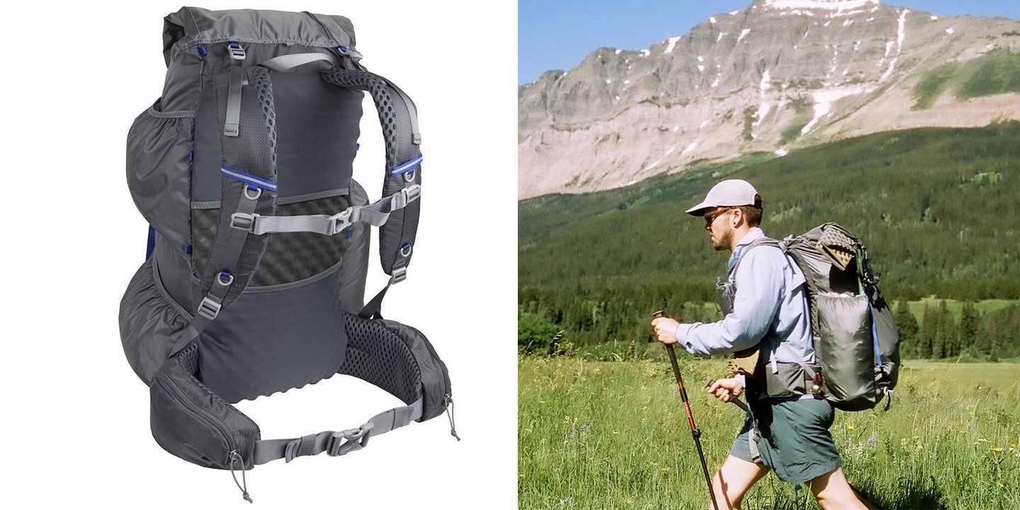 mariposa backpack in black next to image of man hiking mountainside