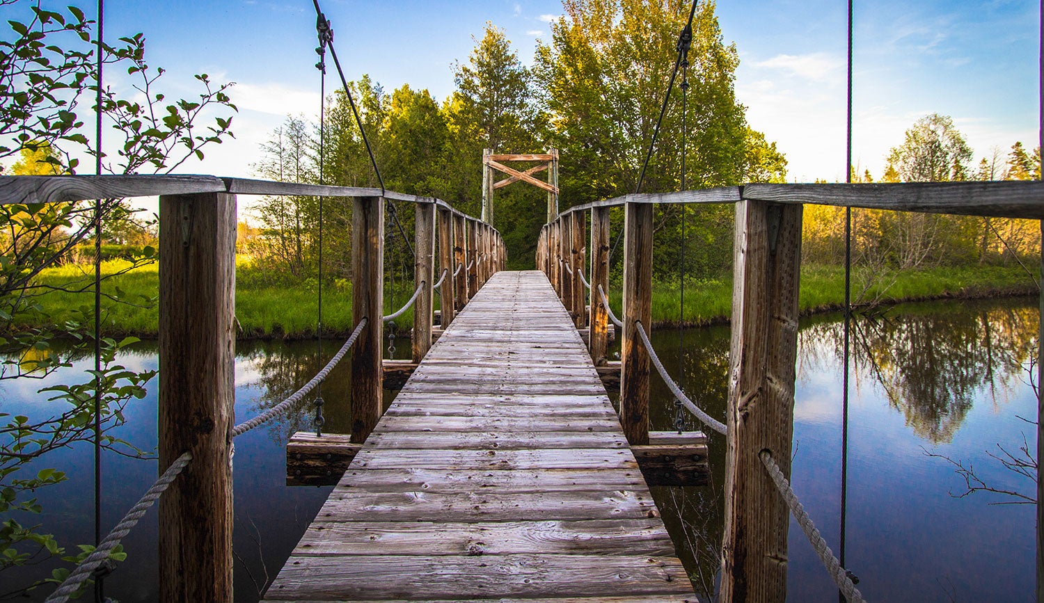 Wooden foot bridge crossing water.