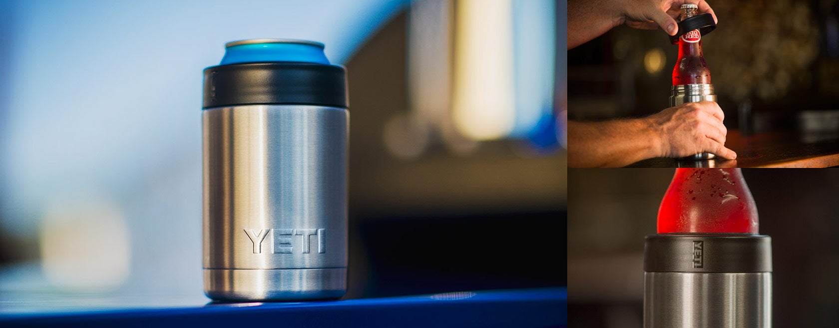 yeti rambler colster around both a beer can and bottle