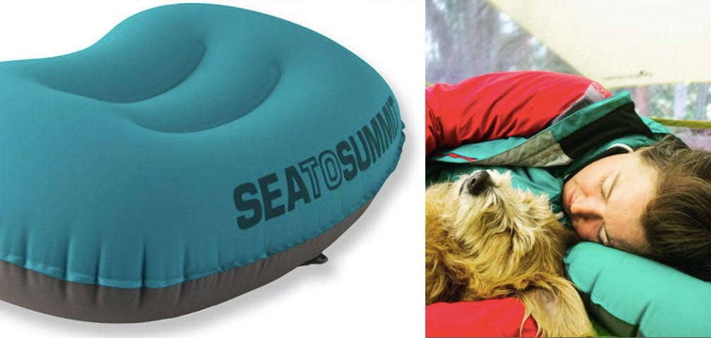 sea to summit pillow beside image of woman and dog sleeping