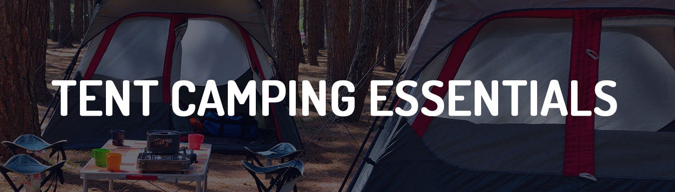 banner for camping gift guide, text: tent camping essentials