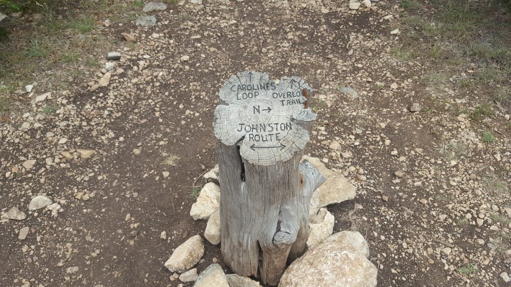 Tree stump with carved directions to different trails in Government Canyon State Natural Area 