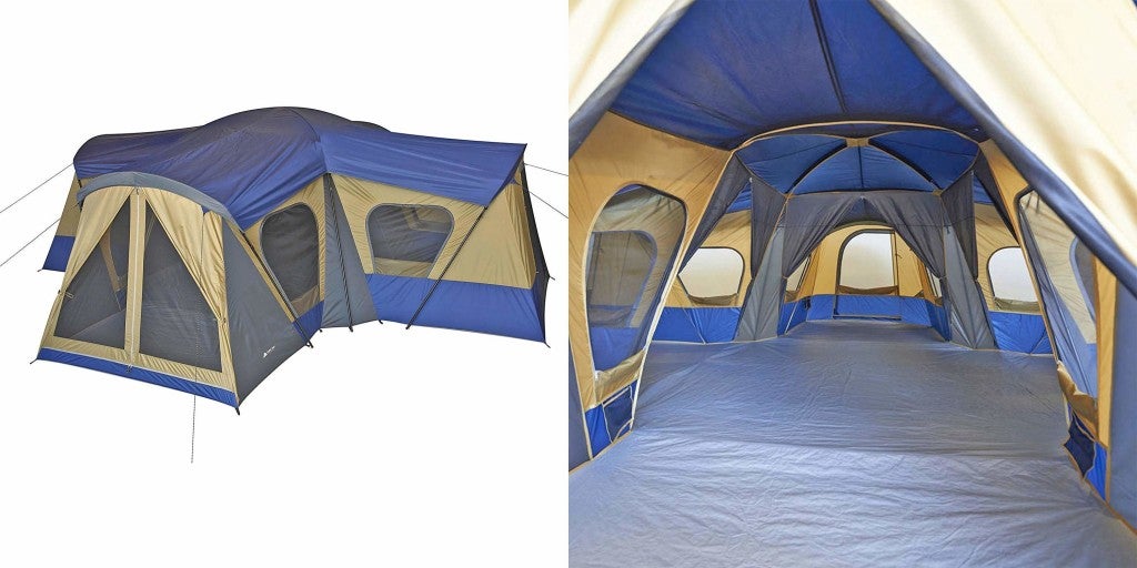 (left) exterior product image of 4 room glamping tent (right) interior of main tent room