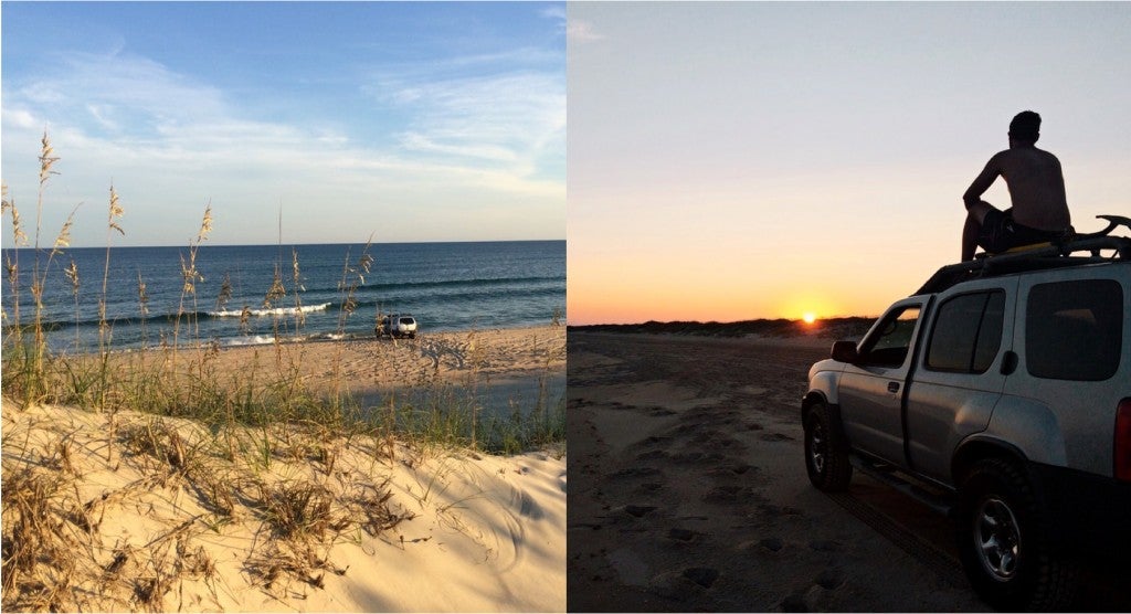 a split image of a beach in the day and a man on a car at dusk while camping at Outer Banks