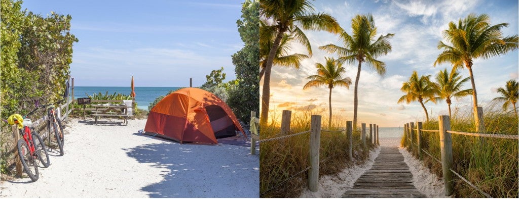 a split image of a beachfront key west camping site with a tent and a boardwalk to the water