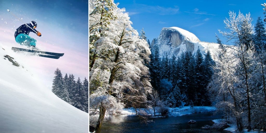 split image of a skiier flying through the air at dusk beside an image of half dome covered in snow