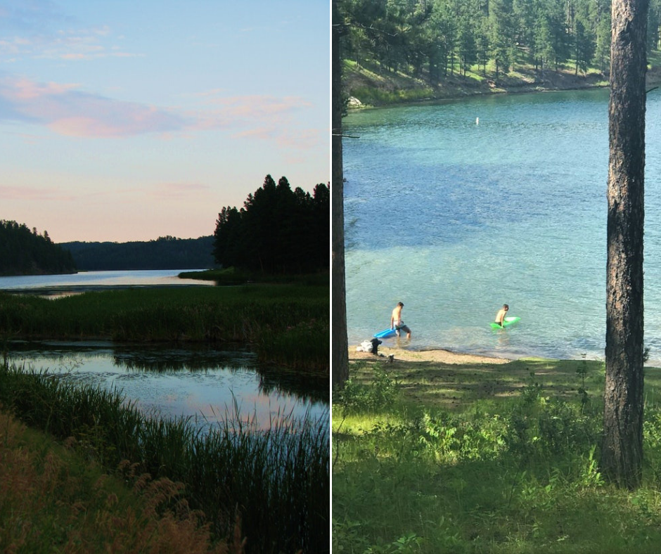 sunset at pactola reservoir beside an image of two boogie boarders in the water during daytime