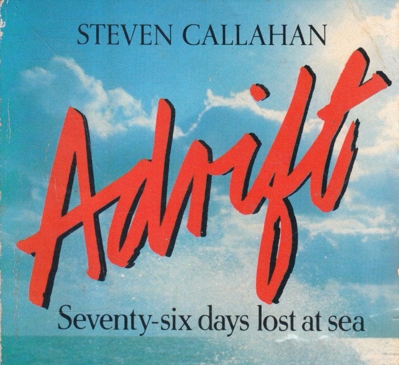 80s style book cover for adrift, featuring beachy scene with red title