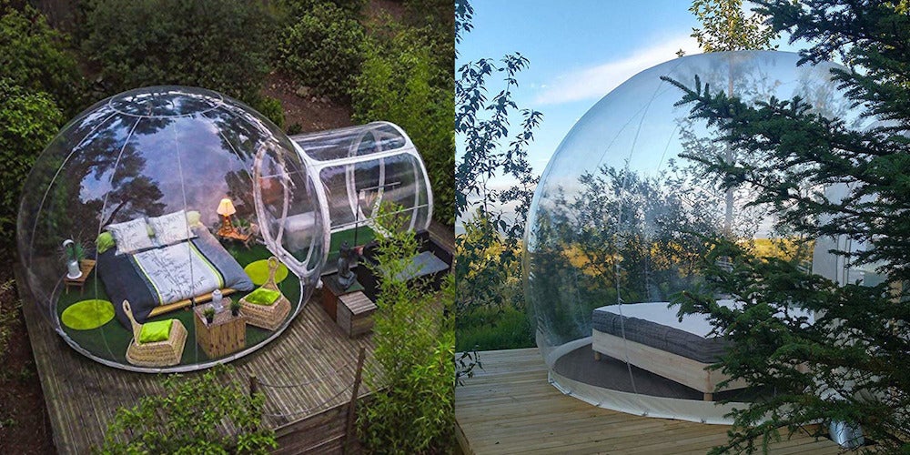 two side by side images of inflatable bubble glamping tent set on wood platforms in the wilderness