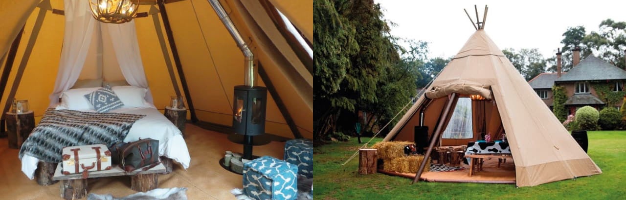 inside and outside view of a well furnished tipi
