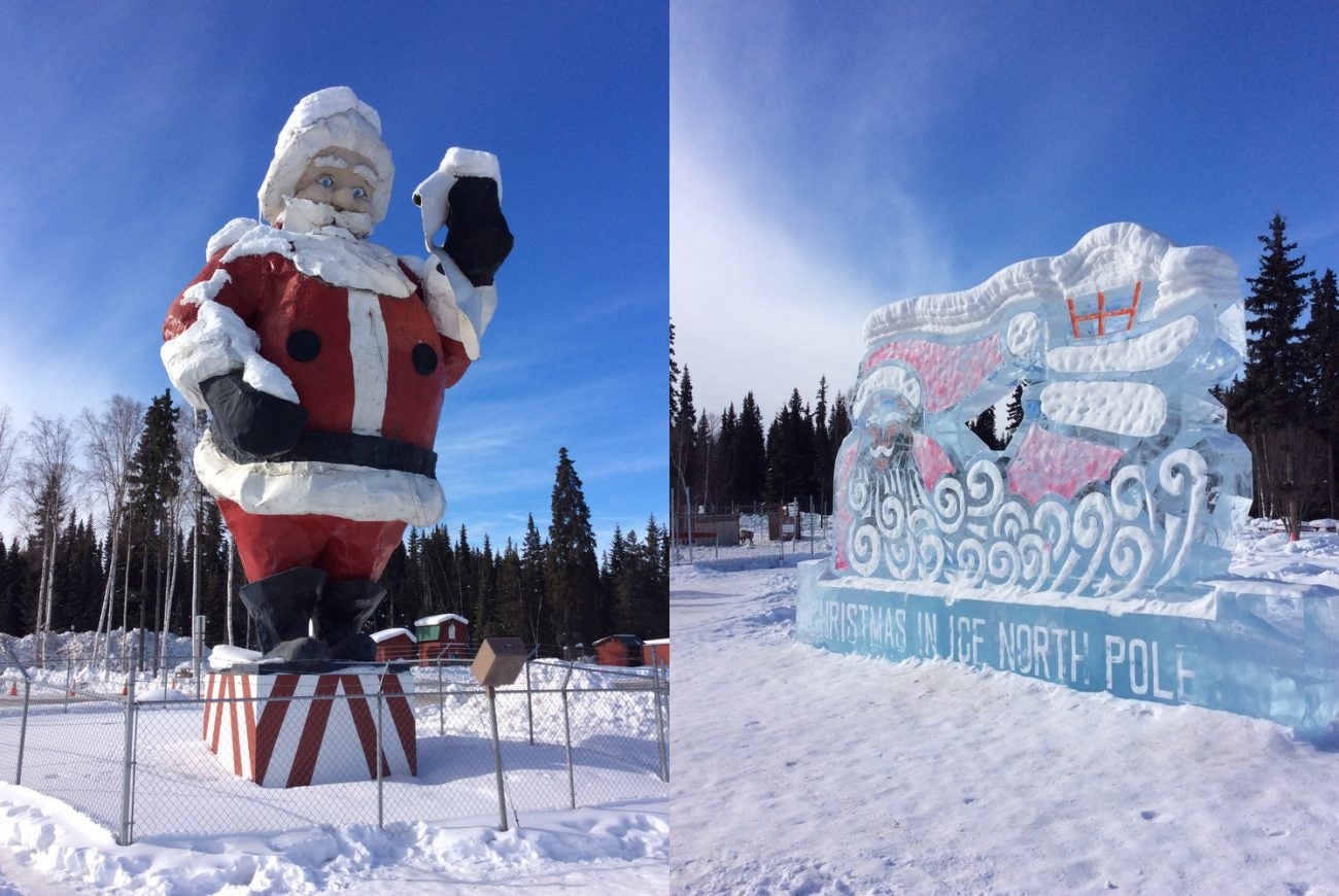 santa clause statue and ice carving in north pole, alaska