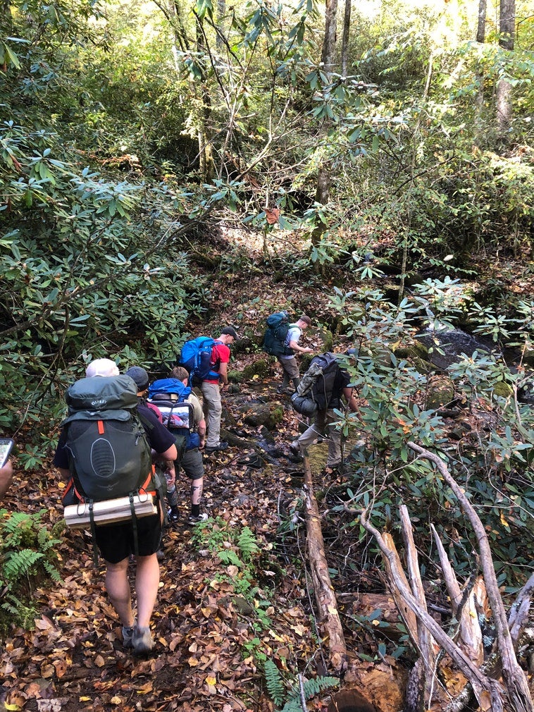 backpackers make their way up a path in the great smoky mountains