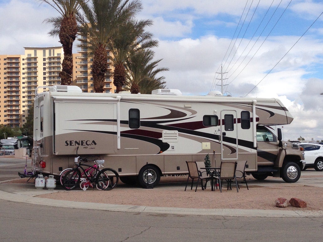 an rv parked in urban campground near las vegas