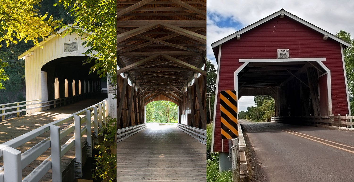 a split image of three different covered bridges in Oregon